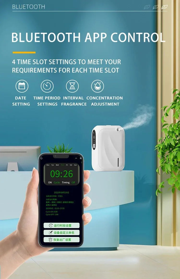 Smart home fragrance diffuser with Bluetooth app control, smartphone in hand, modern interior.