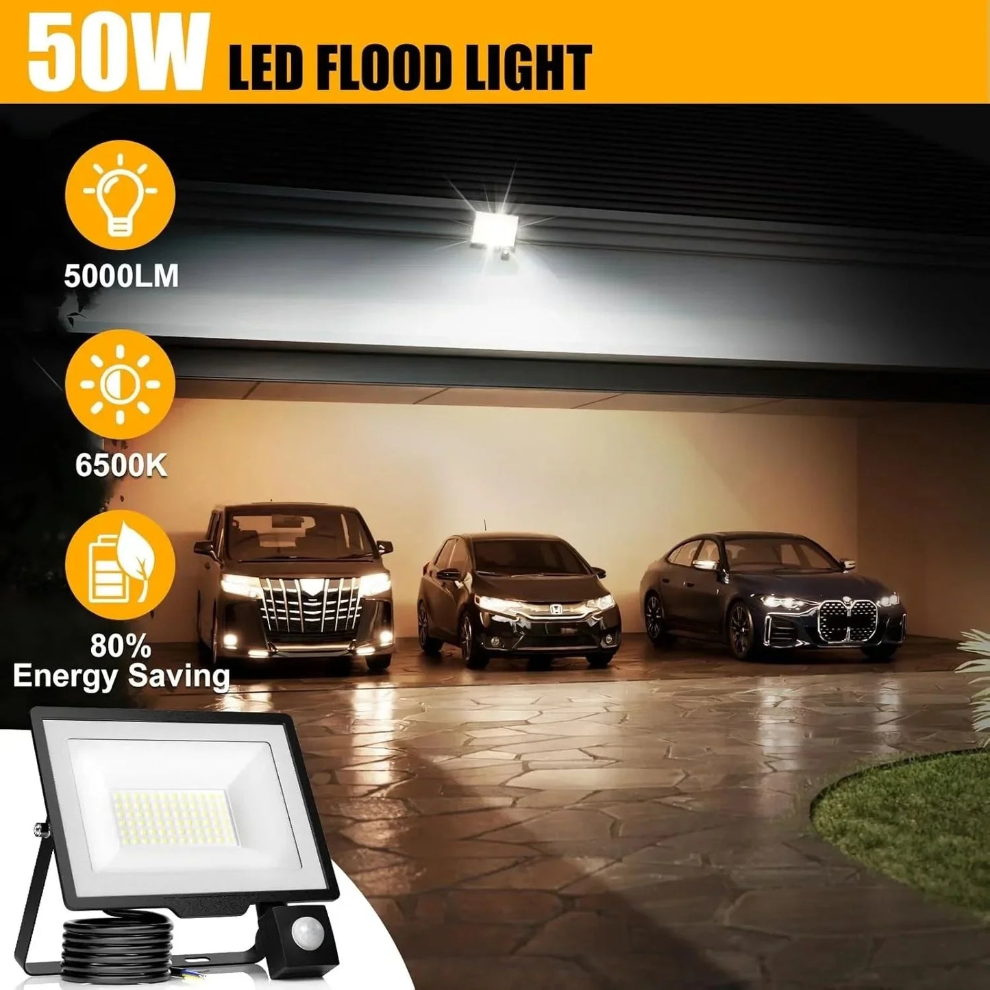 50W LED flood light illuminating a driveway and three cars, highlighting energy saving, 5000 lumens, 6500K color temperature.