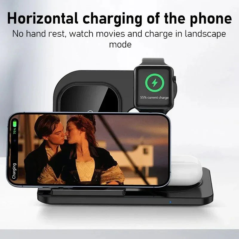3-in-1 wireless charging station dock charging smartphone, smartwatch, and earbuds
