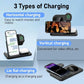 3-in-1 wireless charging station for phone, smartwatch, and earbuds with horizontal, vertical, and flat charging modes.