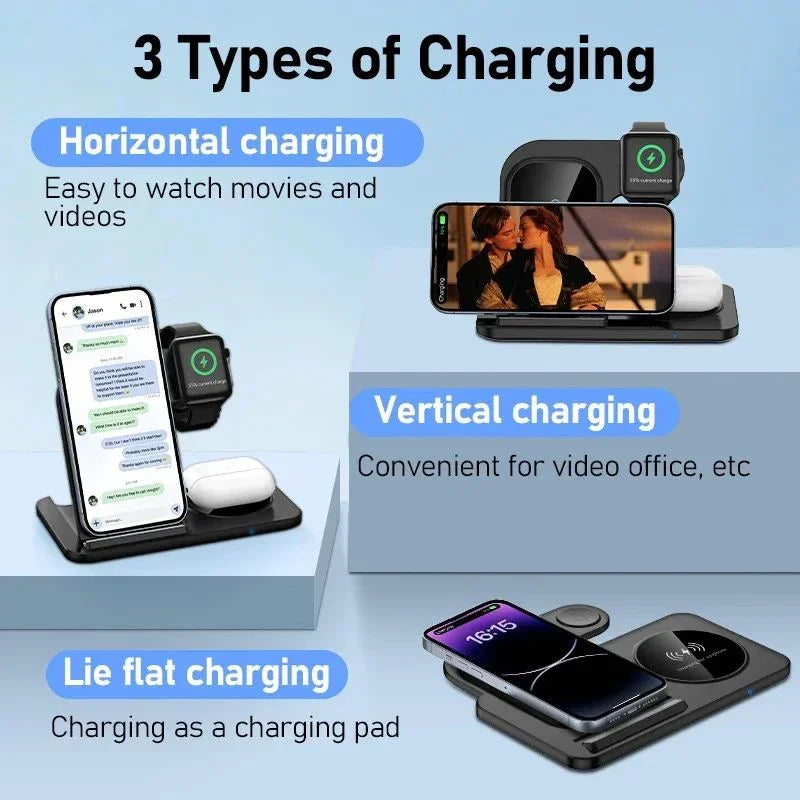 3-in-1 wireless charging station for phone, smartwatch, and earbuds with horizontal, vertical, and flat charging modes.