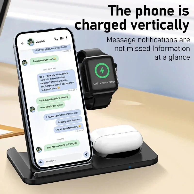 3-in-1 wireless charging station with smartphone, smartwatch, and earbuds on a desk