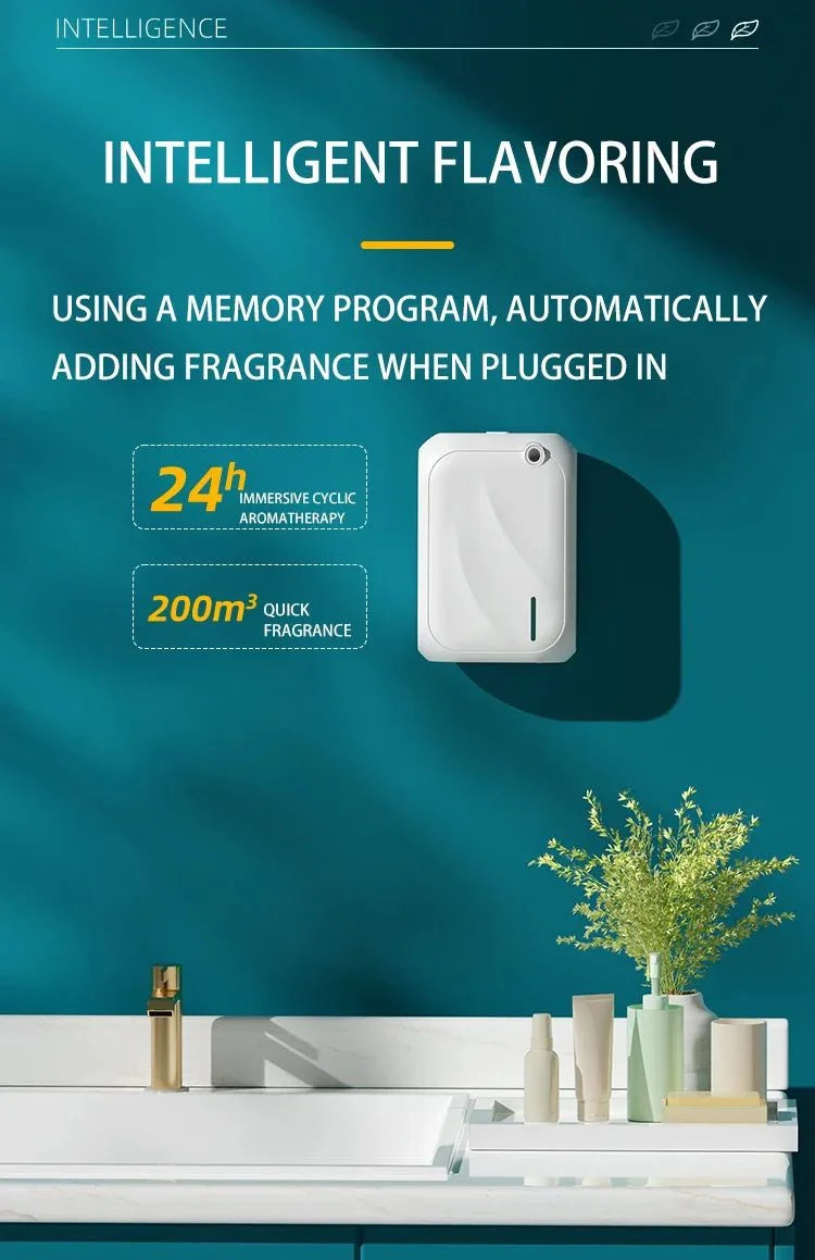 Smart automatic wall-mounted fragrance diffuser in modern bathroom, gold faucet, green wall