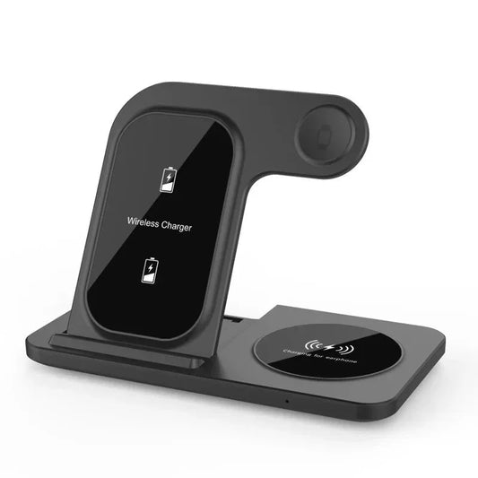 Black 3-in-1 wireless charging station for smartphones, earbuds, and smartwatches on white background.