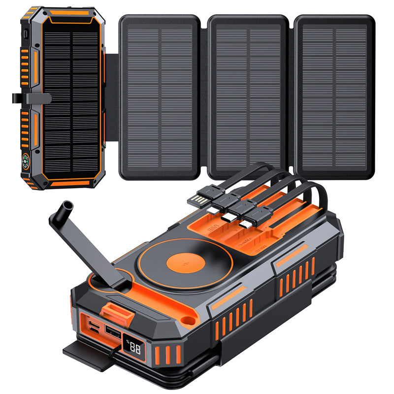 20000mAh Solar Power Bank with 4 Foldable Solar Panels – Magnetic Wireless Fast Charger & Hand Crank
