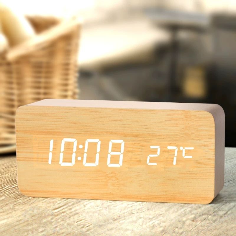 Wooden LED Digital Alarm Clock – Temperature Display Bedside & Desk Clock