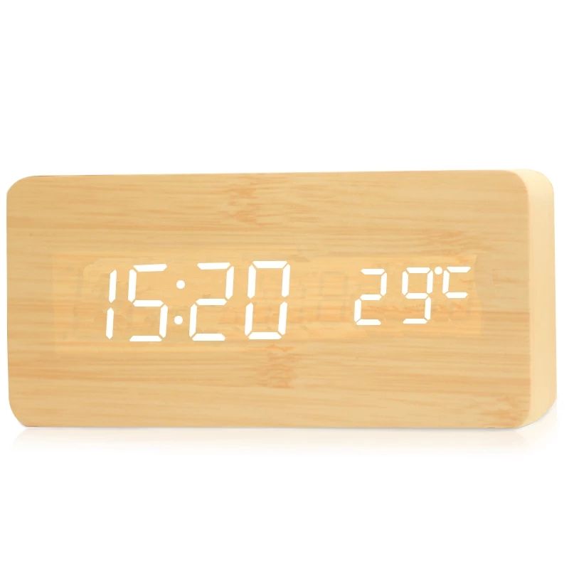 Wooden LED Digital Alarm Clock – Temperature Display Bedside & Desk Clock