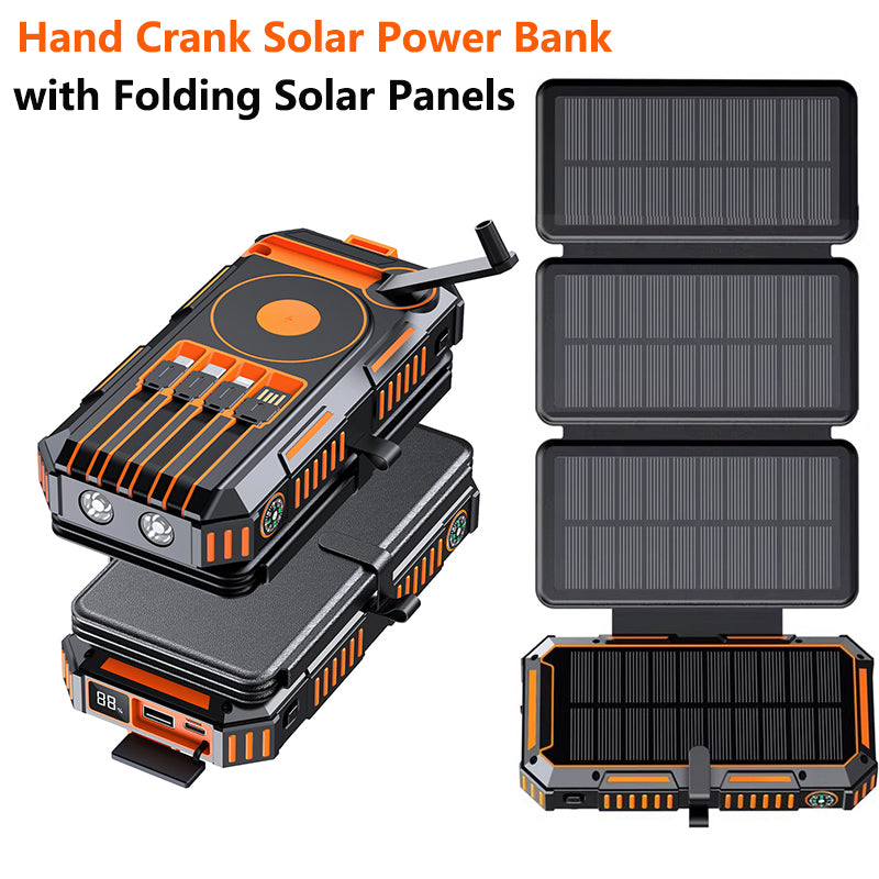 20000mAh Solar Power Bank with 4 Foldable Solar Panels – Magnetic Wireless Fast Charger & Hand Crank