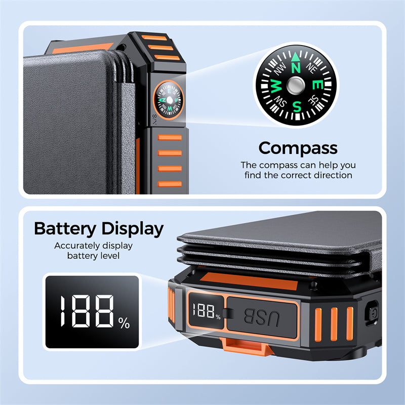 20000mAh Solar Power Bank with 4 Foldable Solar Panels – Magnetic Wireless Fast Charger & Hand Crank