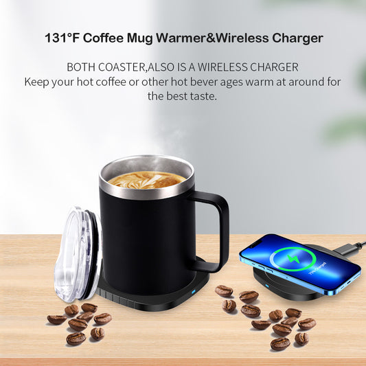 2-in-1 Coffee Mug Warmer & Wireless Charger – 55°C Constant Temperature Cup Warmer with Stainless Steel Mug