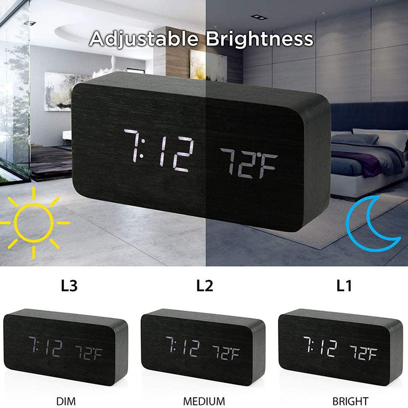 Wooden LED Digital Alarm Clock – Temperature Display Bedside & Desk Clock
