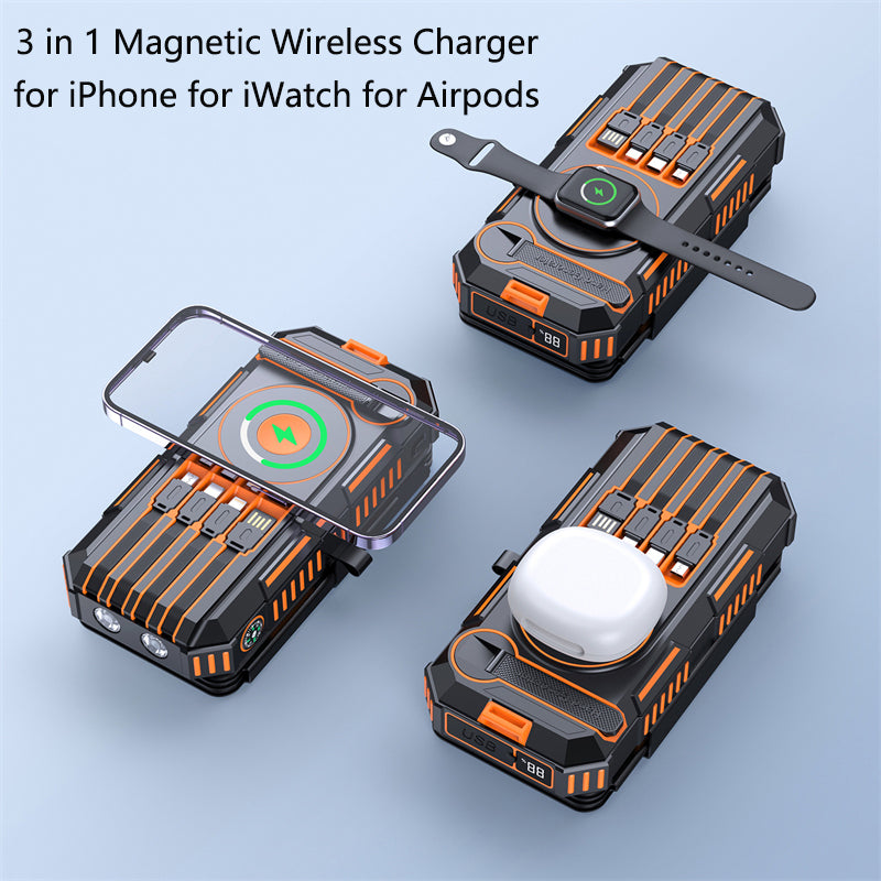 20000mAh Solar Power Bank with 4 Foldable Solar Panels – Magnetic Wireless Fast Charger & Hand Crank