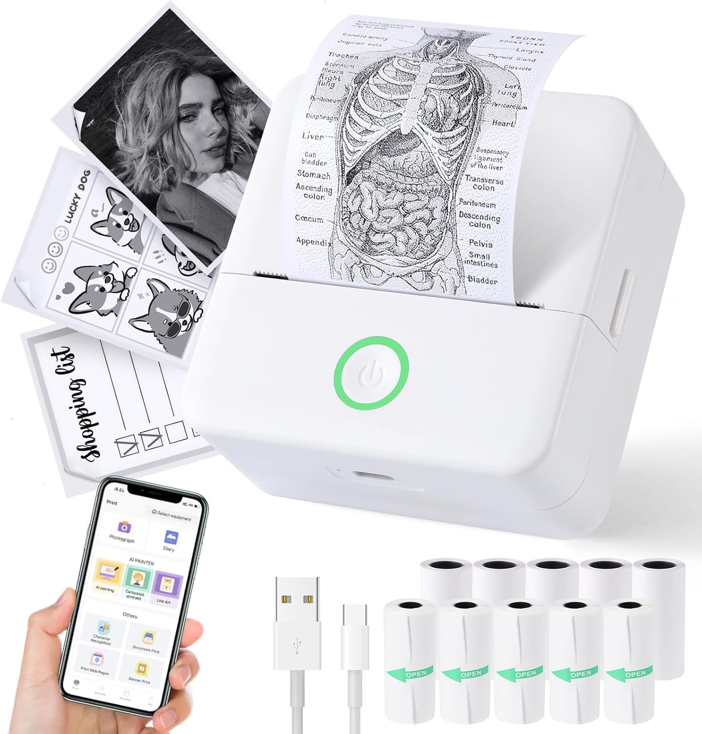 Wireless Mini Bluetooth Photo Printer – Portable Thermal Printer with 5 Sticker Rolls & 5 Thermal Paper Rolls