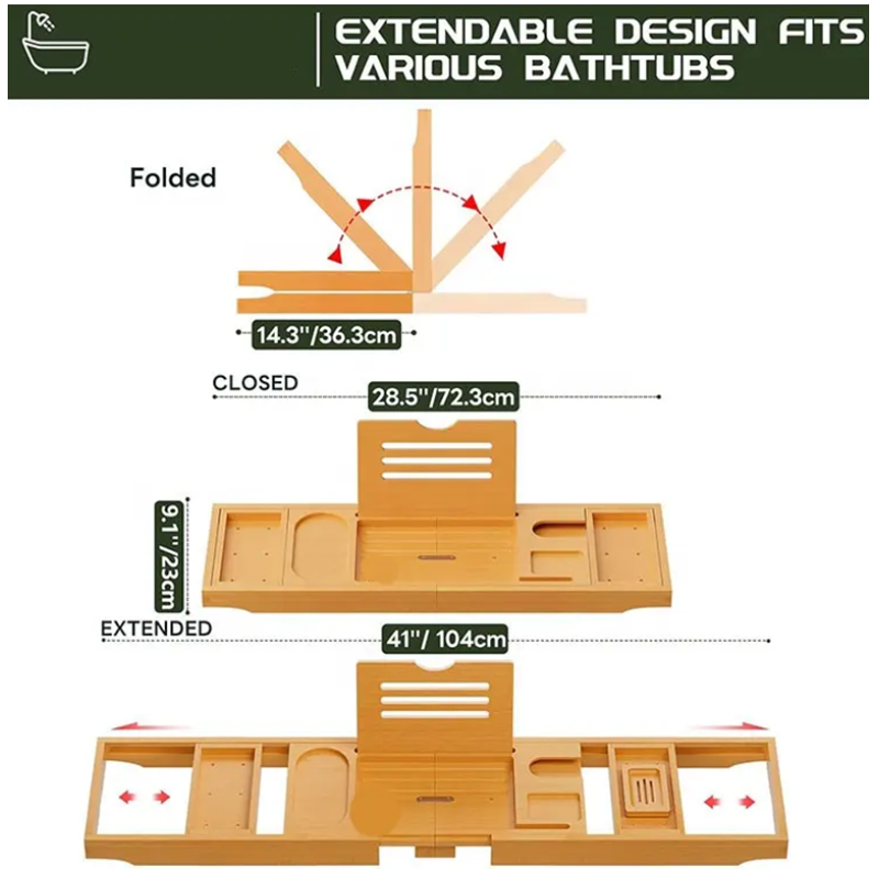 Luxury Bamboo Bathtub Tray – Foldable Bath Caddy Table for Books, Tablet & Wine