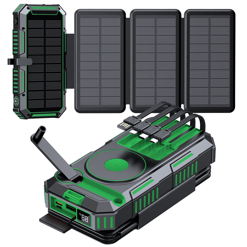 20000mAh Solar Power Bank with 4 Foldable Solar Panels – Magnetic Wireless Fast Charger & Hand Crank