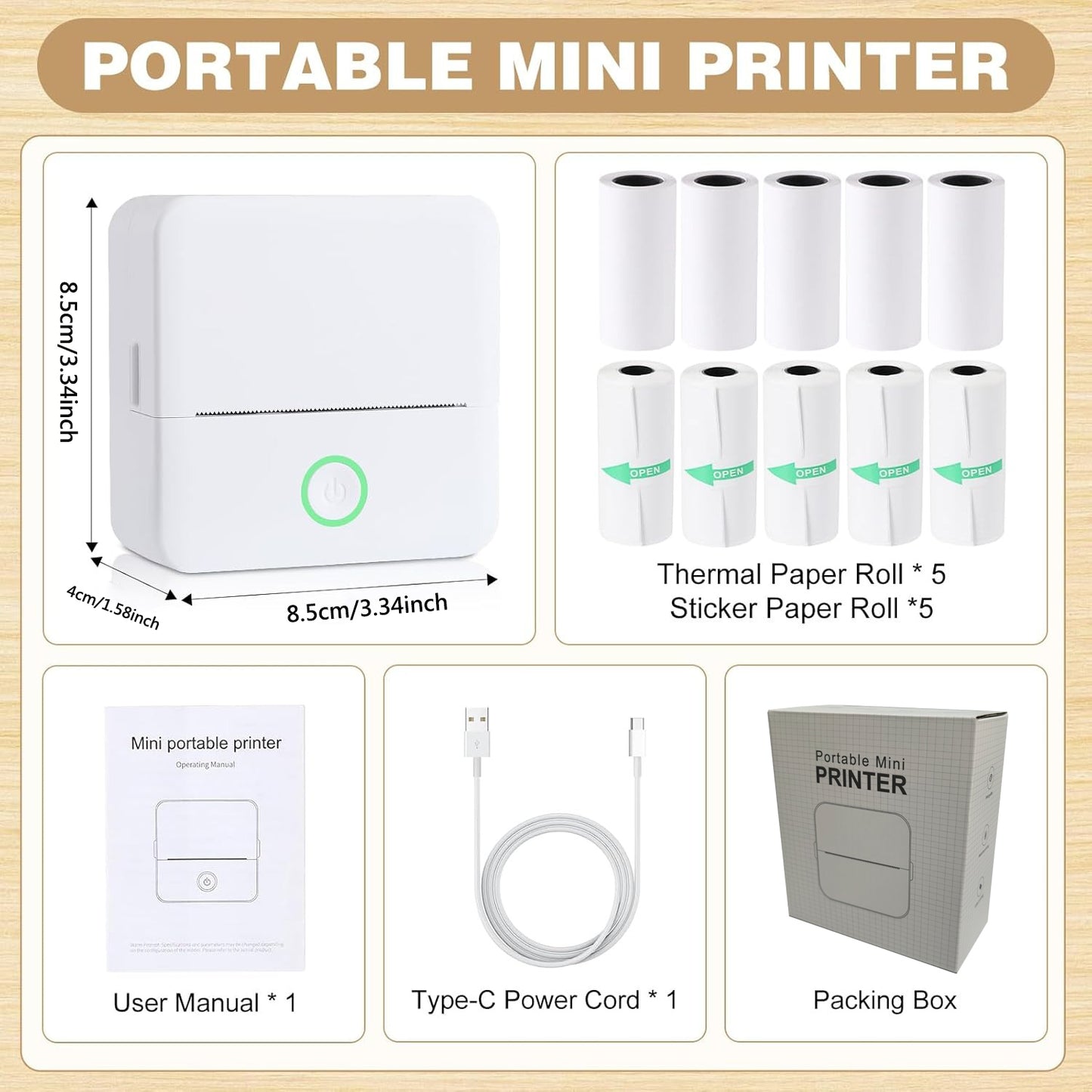 Wireless Mini Bluetooth Photo Printer – Portable Thermal Printer with 5 Sticker Rolls & 5 Thermal Paper Rolls