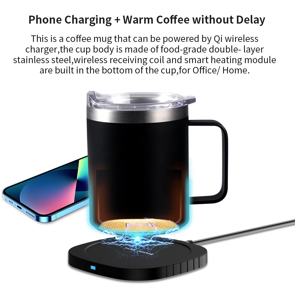 2-in-1 Coffee Mug Warmer & Wireless Charger – 55°C Constant Temperature Cup Warmer with Stainless Steel Mug