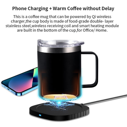 2-in-1 Coffee Mug Warmer & Wireless Charger – 55°C Constant Temperature Cup Warmer with Stainless Steel Mug