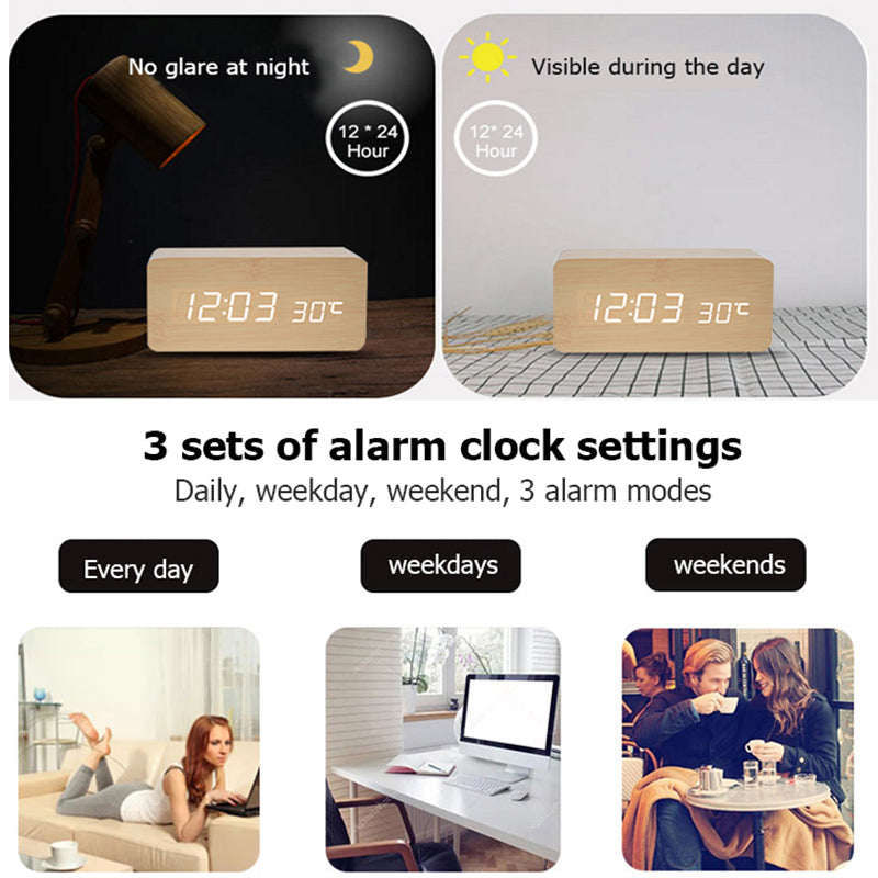 Wooden LED Digital Alarm Clock – Temperature Display Bedside & Desk Clock