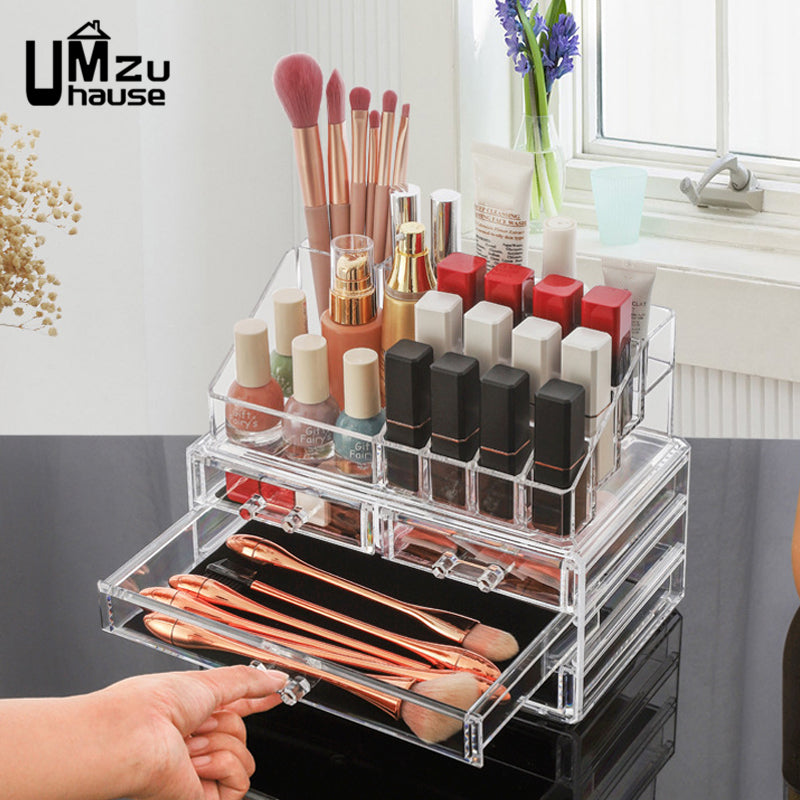 Clear Acrylic Makeup Drawer Organizer – Stackable Modular Cosmetic & Jewelry Storage Box with Velvet Lining