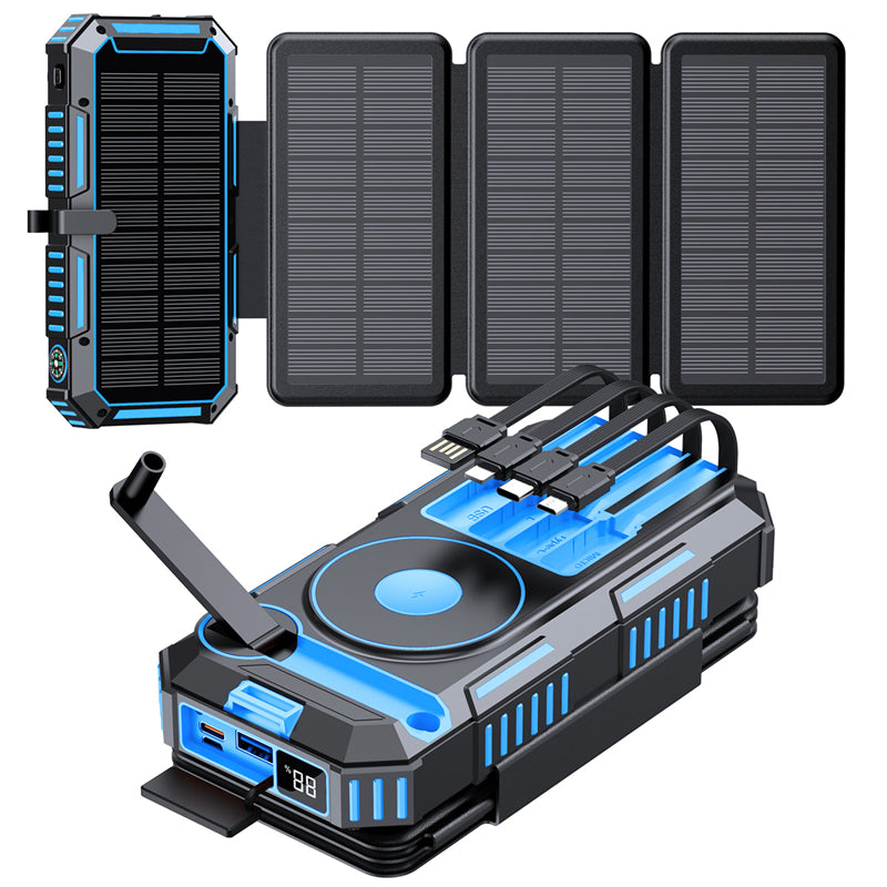 20000mAh Solar Power Bank with 4 Foldable Solar Panels – Magnetic Wireless Fast Charger & Hand Crank