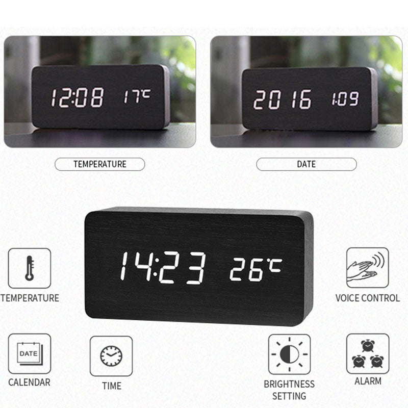 Wooden LED Digital Alarm Clock – Temperature Display Bedside & Desk Clock
