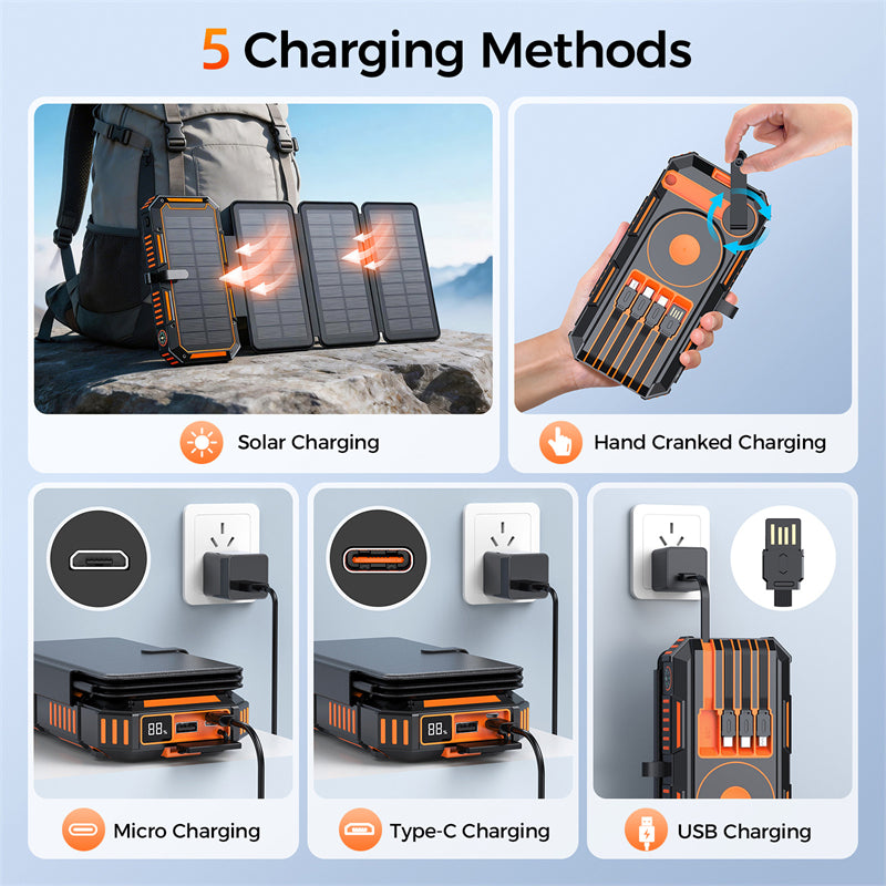 20000mAh Solar Power Bank with 4 Foldable Solar Panels – Magnetic Wireless Fast Charger & Hand Crank