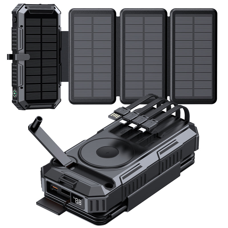 20000mAh Solar Power Bank with 4 Foldable Solar Panels – Magnetic Wireless Fast Charger & Hand Crank