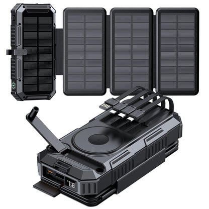 20000mAh Solar Power Bank with 4 Foldable Solar Panels – Magnetic Wireless Fast Charger & Hand Crank