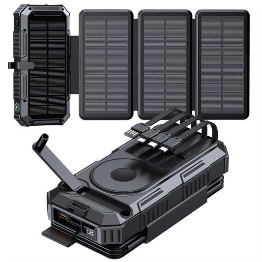 20000mAh Solar Power Bank with 4 Foldable Solar Panels – Magnetic Wireless Fast Charger & Hand Crank
