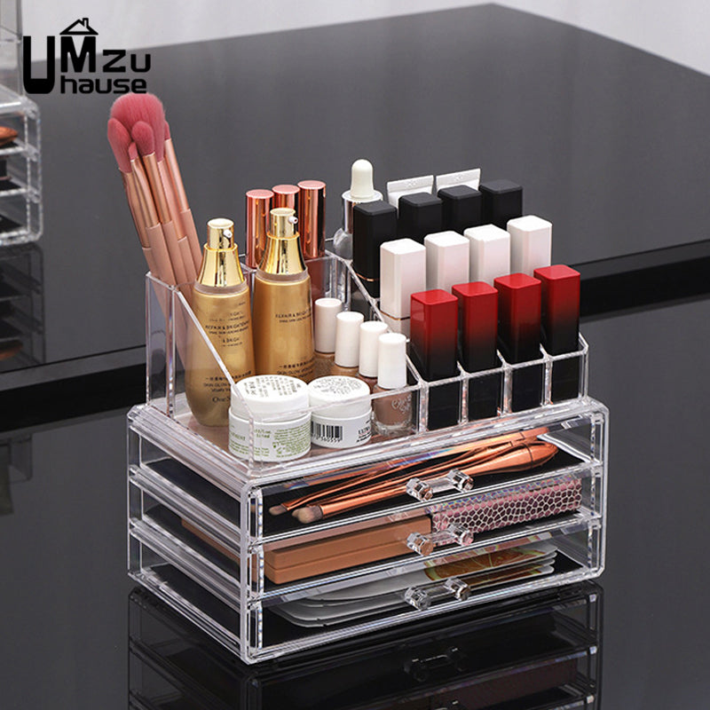 Clear Acrylic Makeup Drawer Organizer – Stackable Modular Cosmetic & Jewelry Storage Box with Velvet Lining