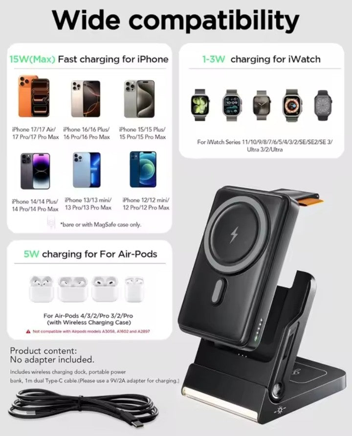 3-in-1 Magnetic Wireless Charging Station for iPhone, Apple Watch & AirPods – Fast Qi2 Foldable Charger Dock